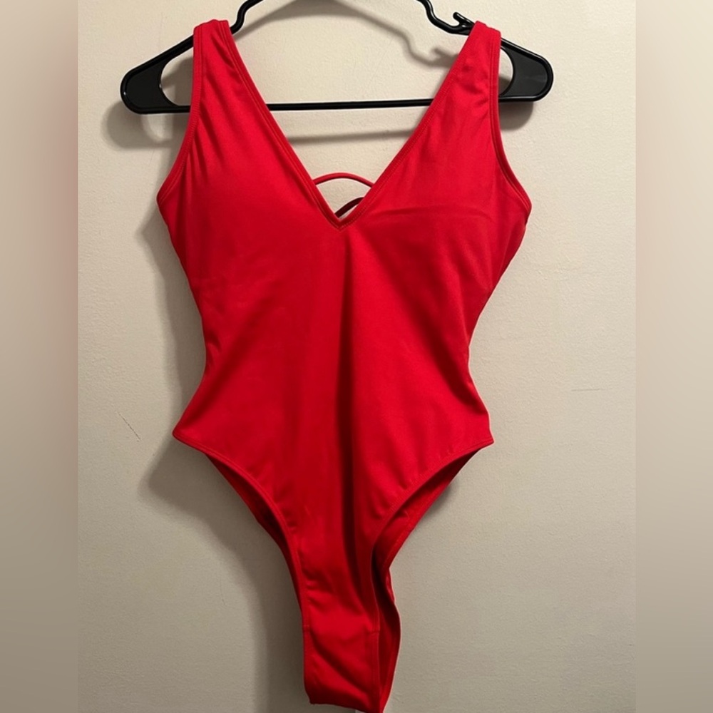 Minimalist Red V-Neck One-Piece Swimsuit - Women's Swim